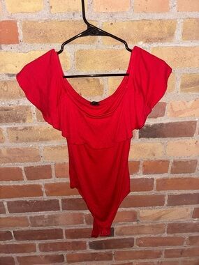Red Off-Shoulder Ruffle Bodysuit from Express